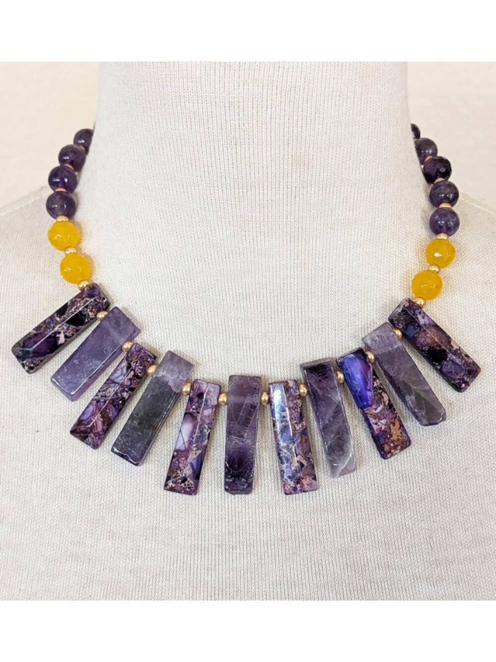 Purple & Yellow Amethyst and Imperial Jasper Stick Bib Statement Necklace
